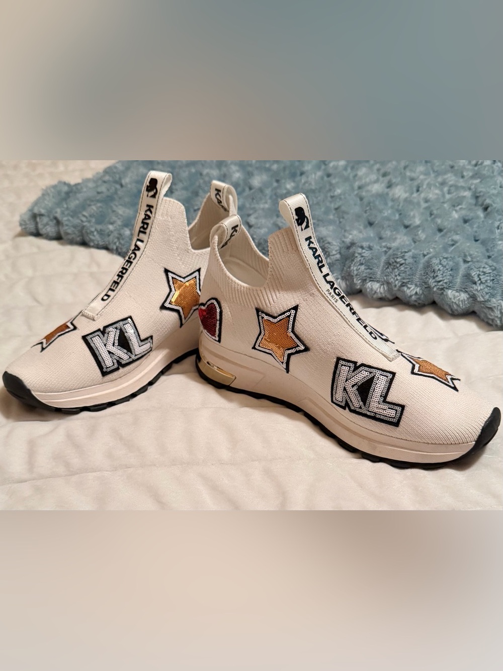 Karl Lagerfeld White Knit Slip-On Sneakers with Star & Heart Patches
